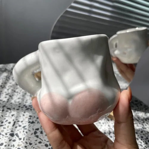 Vista 8 de Taza de cerámica hecha a mano para el vientre grueso Taza de café con mango de brazo Taza grasa Taza de café Potbelly Regalo del día