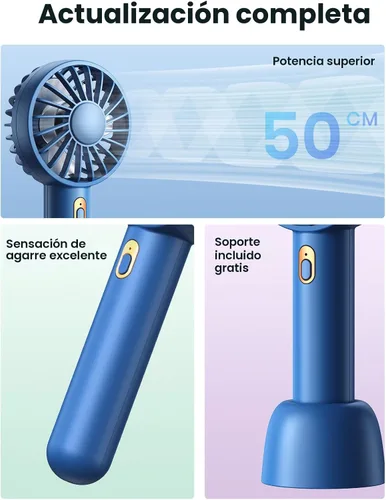 Vista 5 de Warmco Mini ventilador portátil paquete de 2 – Ventilador de mano y escritorio recargable de 3 velocidades con base, refrigeración compacta