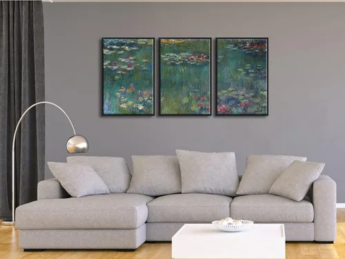 Vista 3 de Wieco Art Claude Monet - Lienzo enmarcado con 3 paneles, arte de pared de lirios de agua por Claude Monet, pinturas famosas, impresiones en lienzo
