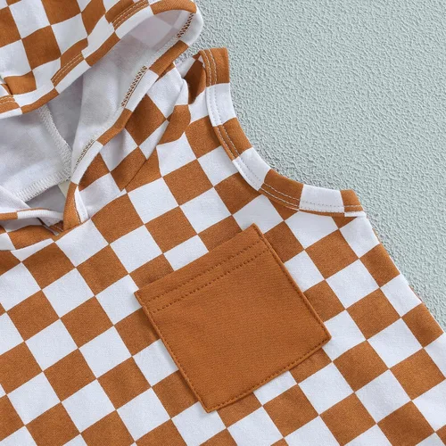 Vista 11 de Conjunto de ropa de verano para bebé niño y niño, diseño a cuadros, manga corta, sudadera con capucha y pantalones cortos casuales