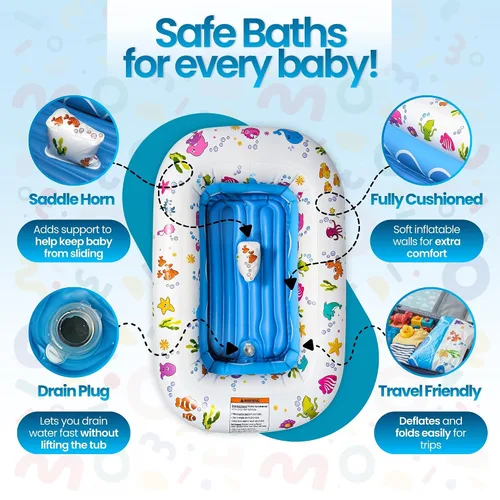 Vista 10 de Mommy's Helper Bañera inflable bajo el mar, bañera plegable y segura para bebé con asiento antideslizante de cuerno de sillín para niños, baño