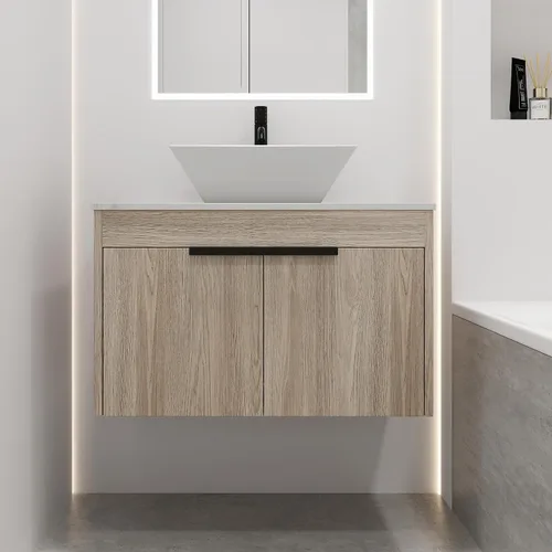 Vista 12 de Armario de tocador de baño de 24 pulgadas, tocador de baño flotante con lavabo de cerámica, moderno juego de tocador de baño colgante de roble