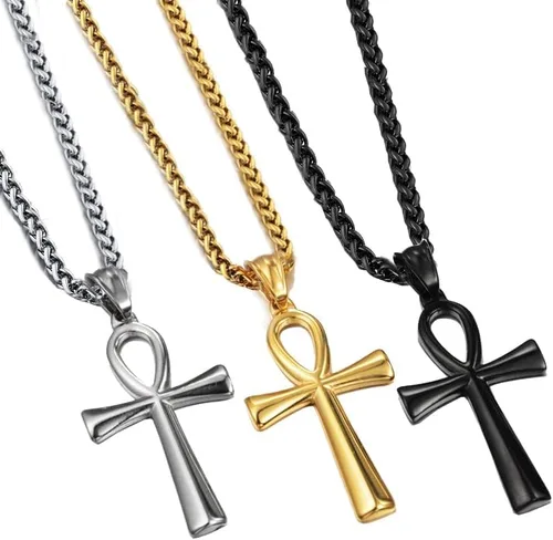 Vista 4 de Collar con colgante de cruz de Ankh copta egipcia antigua de acero inoxidable para niños, mujeres y hombres, en cadena Rolo de 24 pulgadas