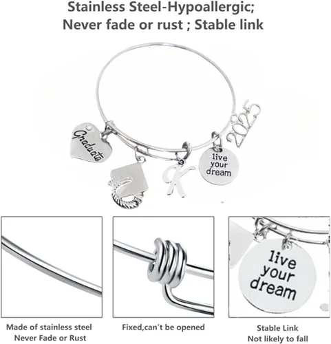 Vista 8 de Infinity Collection - Pulsera de graduación personalizada 2024 con dije de letra - Regalo de graduación, regalo para graduados, edición 2024, Metal