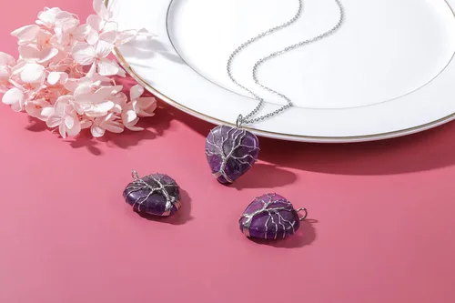 Vista 8 de Top Plaza - Collar de cuarzo rosa natural curativo con árbol de la vida envuelto en alambre de plata con forma de corazón colgante para mujeres