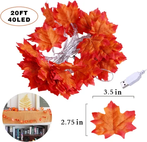 Vista 2 de Fullsexy Guirnalda de luces de otoño impermeables, 20 pies, 40 LED, diseño de hoja de arce