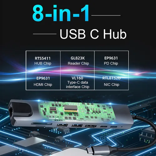 Vista 4 de AnHome Adaptador USB C Hub Ethernet HDMI 4K, 8 en 1 multipuerto Dock USB-C a RJ45 Ethernet USB 3.0 SD/TF lector de tarjetas SD/TF de 87 W PD puerto