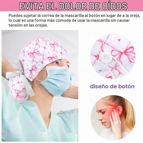 Vista 3 de 6 gorras de uniforme médico con lazo para mujer, sombreros de enfermería con botones ajustables para atar en la espalda, gorra de trabajo