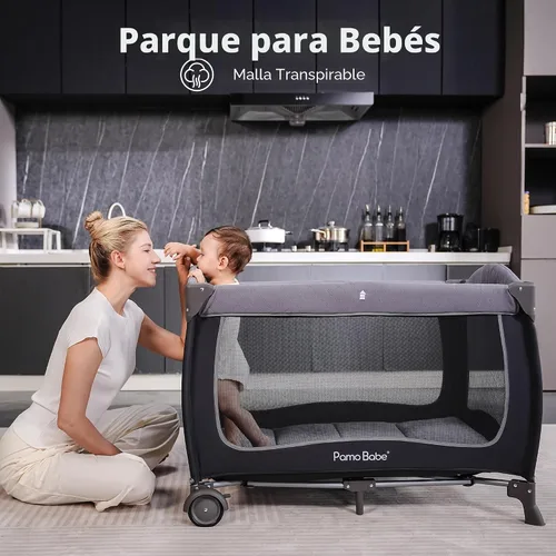 Vista 3 de Corral de juegos para bebé Pamo Babe con dosel, cuna portátil con cambiador