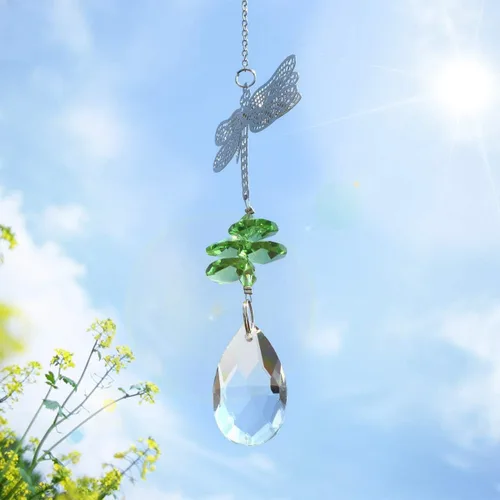 Vista 3 de WEISIPU Prisma atrapasoles de cristal – Atrapasoles de libélula para ventanas colgantes de arco iris, decoración de árbol de Navidad, adorno de Verde