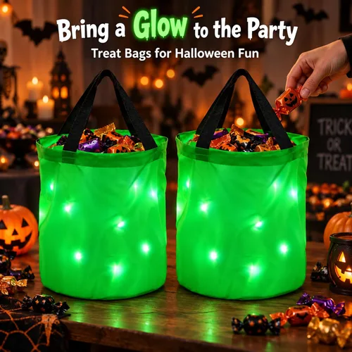 Vista 6 de 2 bolsas de dulces de Halloween con luz LED, bolsas de fiesta de Halloween, multiusos, reutilizables, bolsas para Halloween para dulce o dulce Verde