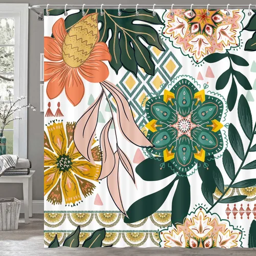 Vista 7 de Torich Cortina de ducha bohemia floral para baño, abstracta de mediados de siglo, decoración bohemia, cortinas de baño, flores botánicas, hojas