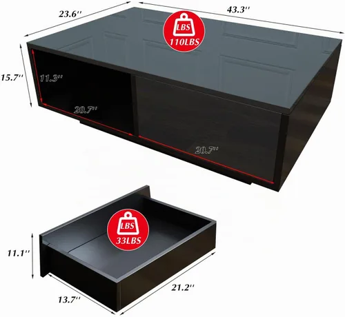 Vista 2 de COSVALVE Mesas de centro negras LED de 43.3 pulgadas para sala de estar con luces LED de 16 colores, mesa de centro moderna con cajón