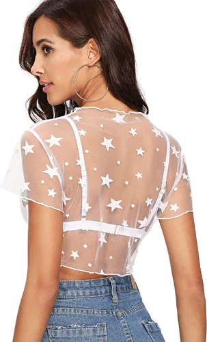 Vista 2 de Floerns Blusa de malla transparente con cuello alto falso para mujer, sin brasier