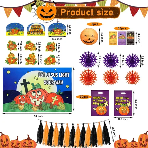 Vista 2 de Preboun 83 piezas de Halloween cristiana calabaza tronco o golosinas kit de decoración de coche incluye 9 decoraciones de borde de calabaza, 6 farol