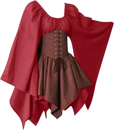 Vista 4 de pbnbp Vestidos medievales renacentistas con corsés, trajes de hadas de elfo de Halloween, manga mariposa, dobladillo irregular, disfraces de feria