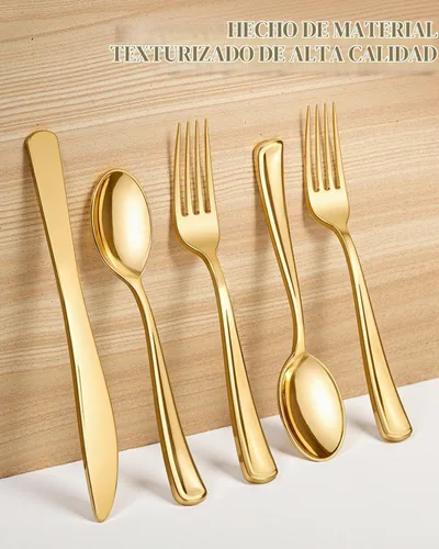 Vista 8 de bUCLA 600 cubiertos de plástico dorado – Utensilios dorados desechables – Juego de cubiertos de plástico resistente – 200 tenedores, 200 cucharas