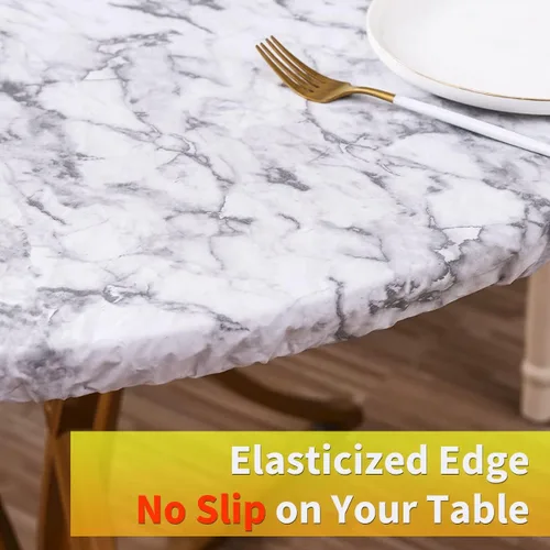 Vista 4 de Mantel redondo de vinilo de plástico ajustable con reverso de franela y borde elástico, protector de mesa impermeable para mesa de comedor