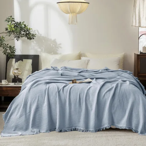 Vista 36 de FOSSA Manta de Muselina con Flecos - Gasa de Algodón 100% de 4 Capas Súper Suave y Transpirable - Manta Decorativa Ligera y Refrescante para Cama