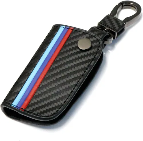 Vista 7 de iJDMTOY Emblemático llavero de cuero con patrón de fibra de carbono negro de 3 colores con llavero compatible con el mando a distancia BMW