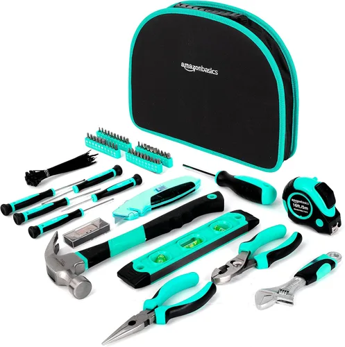 Vista 2 de Amazon Basics Juego de herramientas con bolsa redonda de fácil transporte, 104 piezas, turquesa, 14.4 x 11.4 x 3 pulgadas
