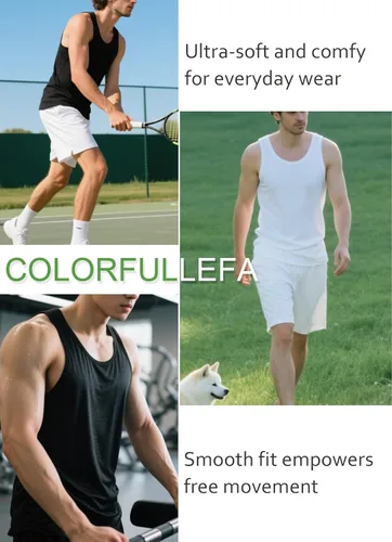 Vista 6 de COLORFULLEAF Camisetas sin mangas de rayón de bambú para hombre, camisetas sin mangas elásticas con cuello redondo (1 o 3)