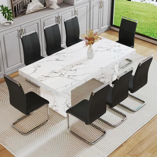 Vista 29 de gopop Mesa de comedor de mármol de 63 pulgadas, tablero de mesa de comedor MDF con patrón de mármol y base para cocina y comedor.