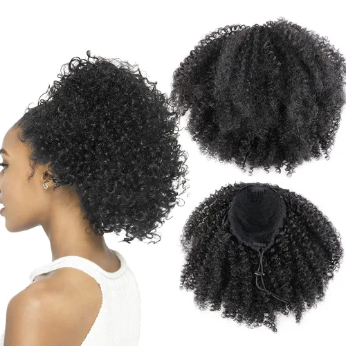 Vista 14 de Extensión de cabello sintético con cordón para coleta afro rizado para mujeres negras, onda corta (#1B, negro naturaleza)