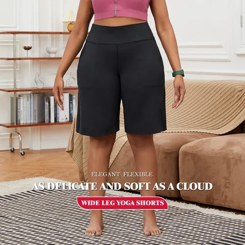 Vista 2 de YOHOYOHA Pantalones cortos de yoga para mujer, talla grande, pantalones capri de pierna ancha, pantalones de entrenamiento casuales