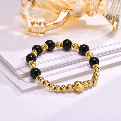 Vista 3 de MengPa Pulseras de cuentas de oro, pulsera de bolas de cuentas de piedra, joyería para mujer