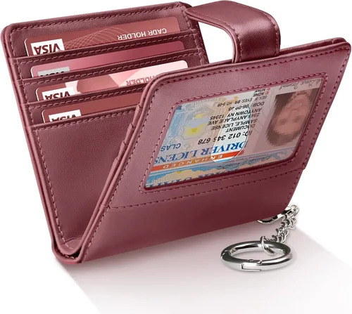 Vista 9 de FurArt Cartera plegable para mujer con 9 ranuras, bloqueo RFID, ventana de identificación, cartera compacta con llavero