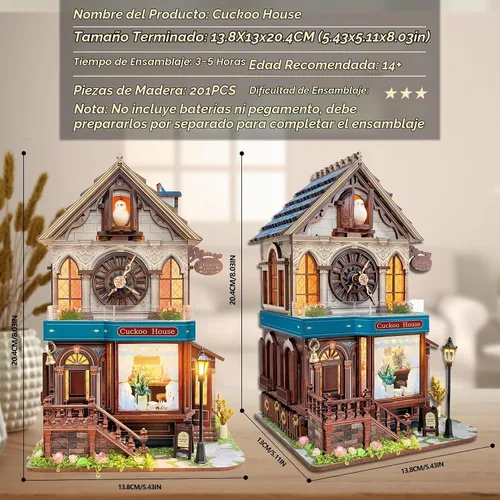 Vista 3 de SUNNINO Kit de casa de muñecas en miniatura, rompecabezas de madera 3D de cuco para adultos, kit de construcción de mini casa con 3 modos