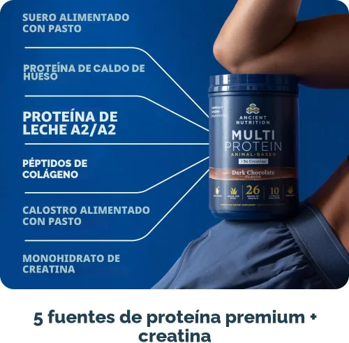 Vista 3 de Ancient Nutrition Multi Proteína + Creatina, Caldo de Huesos, Suero, Choc