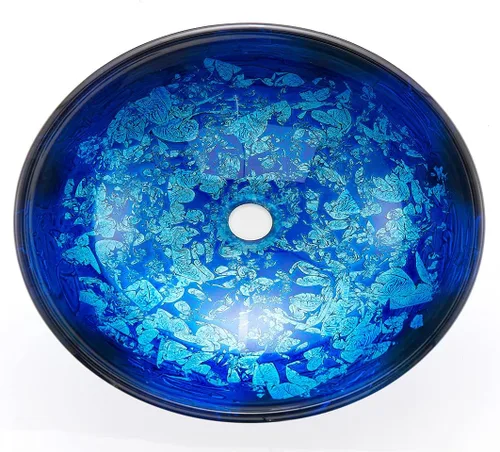 Vista 7 de Blue OceanMystery Series - Fregadero de baño de vidrio templado decorativo en azul estrellado Fregaderos de montaje superior sobre encimera