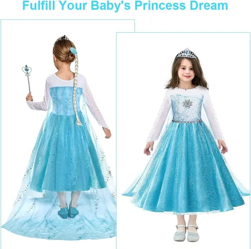 Vista 4 de Disfraz de princesa para niñas, fiesta de cumpleaños, disfraz de reina de cosplay con corona y guantes, accesorios