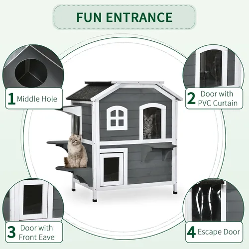 Vista 5 de Casa para gatos de 2 pisos al aire libre, resistente a la intemperie para gatos salvajes con puerta de escape, techo que se abre, plataformas