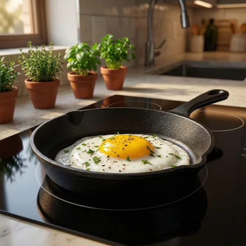 Vista 4 de Restaurantware Met Lux - Sartén sazonada de 6.5 x 10 x 1 pulgadas, 1 sartén resistente lista para horno, agujero para colgar, con boquilla