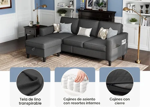 Vista 5 de Sofás seccionales para sala de estar, sofá convertible en forma de L de 78 pulgadas con almacenamiento extraíble, sofás otomanos de 3 plazas, sofá