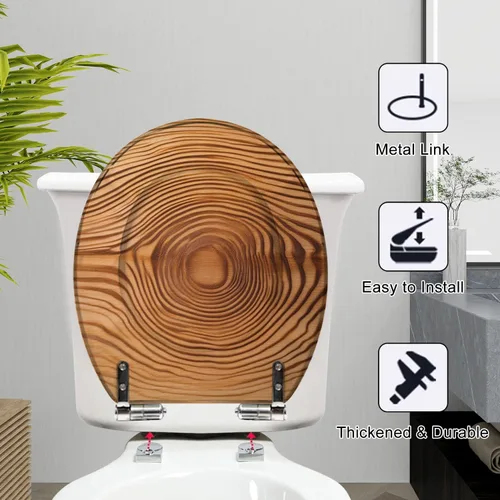 Vista 4 de Asiento de inodoro alargado con tabla de cedro, hermoso asiento de inodoro de resina de grano de madera, cierre silencioso y lento con bisagras
