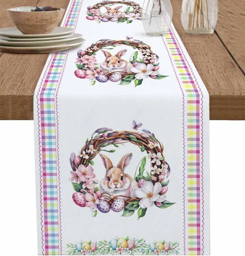 Vista 15 de Camino de mesa de Pascua de primavera de 36 pulgadas de largo, bufandas de vestido de granja, huevos coloridos de conejo, madera verde, mesa de Cola