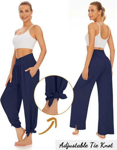 Vista 4 de UEU Pantalones de yoga casuales de pierna ancha para mujer, cintura alta, con abertura lateral, holgados, con bolsillos
