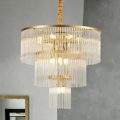 Vista 11 de 23.6" Lámparas de araña doradas modernas, candelabro de vidrio redondo de 2 niveles para comedor, 12 luces, lámparas colgantes para vestíbulo