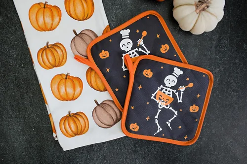 Vista 2 de Pearhead Juego de 2 soportes para ollas de chef de esqueleto de Halloween, almohadillas calientes de cocina resistentes al calor con bucles