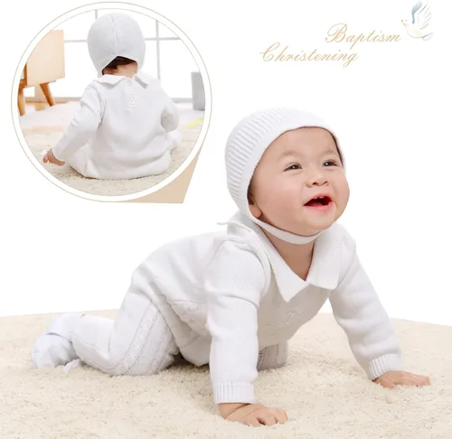 Vista 4 de Booulfi Traje de bautizo para bebé niño con sombrero, detalle de cruz