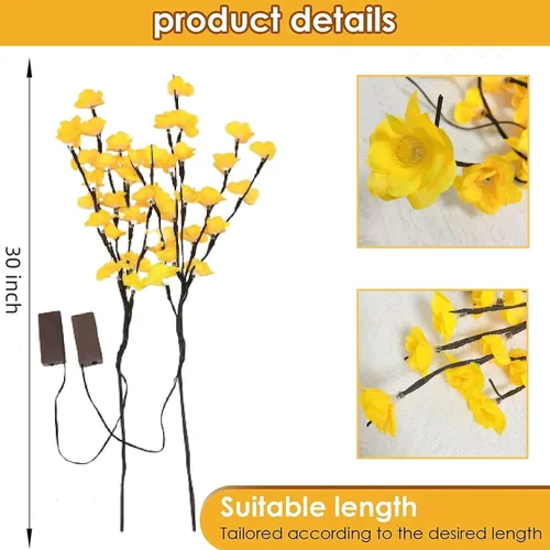 Vista 6 de Paquete de 2 luces LED amarillas de ramas Bossom de ciruela, funciona con pilas, ramas artificiales, lamei floral, pequeñas ramitas de 30 pulgadas