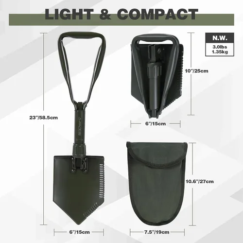 Vista 3 de REDCAMP - Pala plegable militar para campamento, herramienta de acero de alto carbono para cavar con mango triple con cubierta