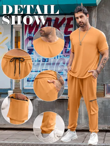 Vista 5 de Babioboa Conjunto de 2 piezas de camiseta y pantalones deportivos para hombre, con bolsillo con solapa, pantalones deportivos holgados y lisos