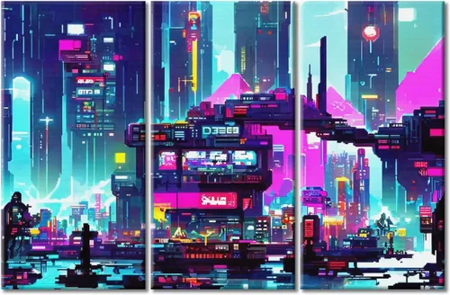 Vista 46 de Arte de pared de 3 piezas de escena de ciencia ficción de la calle comercial futurista paisaje urbano, decoración de pared para dormitorio