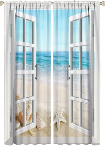 Vista 49 de JESTRONRY Cortina de playa azul y blanca con diseño de estrella de mar y conchas marinas con aislamiento térmico, para oscurecer la habitación, 2