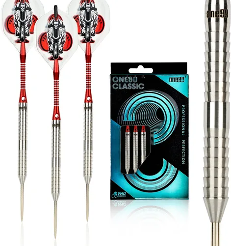 Vista 9 de ONE80 - Dardo de punta de acero profesional de tungsteno 90% VHD, estilo barril con vuelos extra, ejes y sacapuntas, caja de regalo con empaque